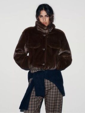 ZARA SHORT BOMBER BROWN FAUX FUR COAT